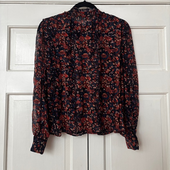 Ulla Johnson Silk Floral Long Sleeve Metallic Edith Blouse Size 2 Small Navy Top - Picture 11 of 16